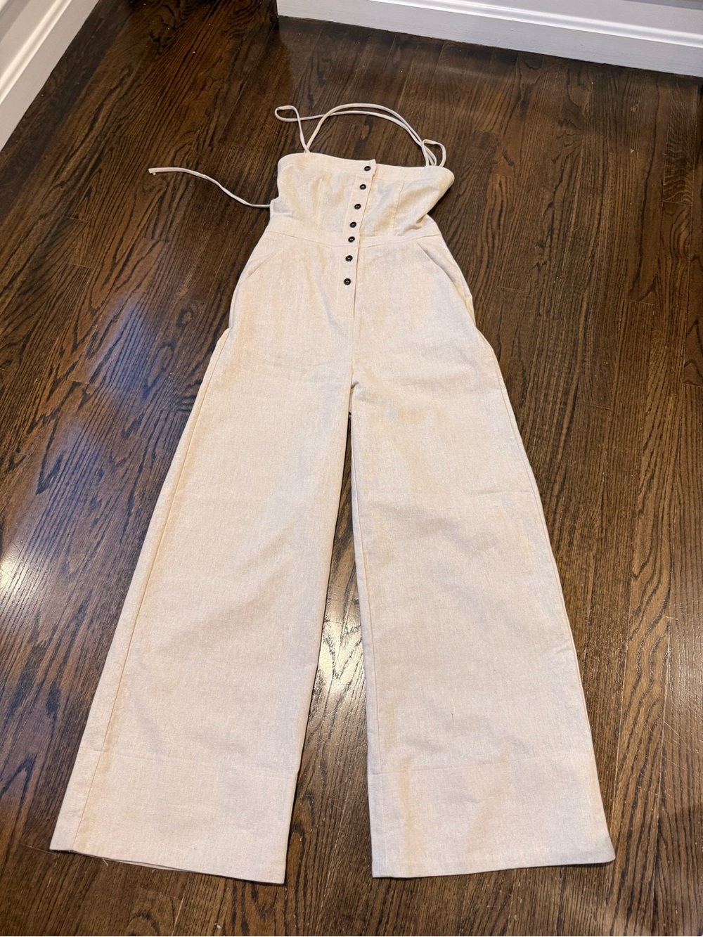 Lulu's Beige Strapless Wide-Leg Button Jumpsuit